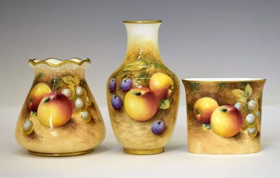 Lot 193 - Royal Worcester - Three fruit painted small vases by Frank Roberts