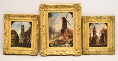 Lot 508 - Set of three Dutch or Flemish oils on canvas - Street scenes and windmill