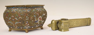 Lot 443 - Eastern brass pen case (qalamdan divit) and enamel pot