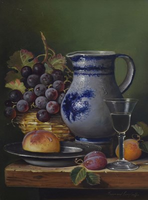 Lot 321 - Raymond Campbell (b.1956) - Oil on board - Still life with wine and fruit