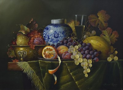 Lot 320 - Raymond Campbell (b.1956) - Oil on canvas - Still life with vase, wine and fruit