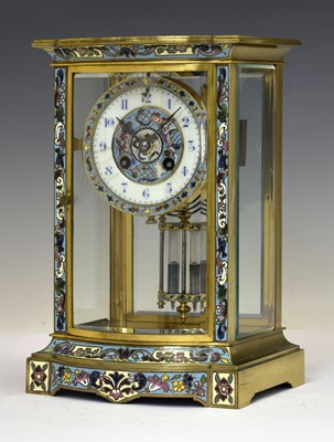 Lot 472 - Late 19th century French brass and champlevé enamel four-glass mantel clock
