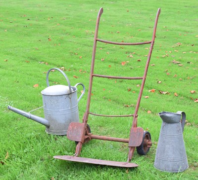 Lot 572 - Vintage sack trucks, galvanised watering can and jug