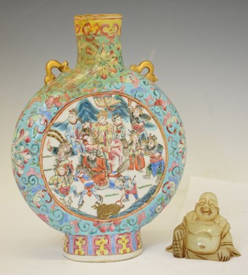 Lot 564 - Chinese Canton Famille Rose moon flask (a/f) and jade Hotei Buddha