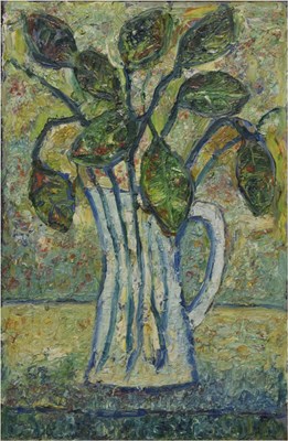 Lot 687 - Barrington Tabb (British, 1934-2022) - Oil on board - Still life with jug of flowers