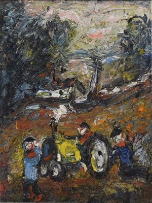 Lot 689 - Barrington Tabb (British, 1934-2022) - Oil on board - 'Local landscape with tractor, Brislington'