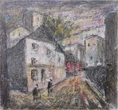 Lot 691 - Barrington Tabb (British, 1934-2022) - Mixed media - Street scene with figures