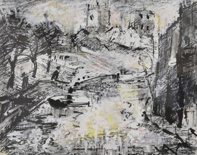 Lot 693 - Barrington Tabb (British, 1934-2022) - Mixed media - 'View from Bristol Bridge'