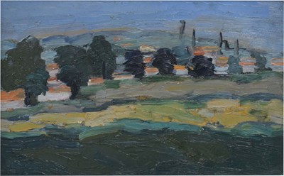 Lot 694 - Barrington Tabb (British, 1934-2022) - Oil on board - 'Pastoral scene 1958'
