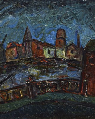 Lot 447 - Barrington Tabb (British, 1934-2022) - Oil on board - 'View from the bridge, 1995'