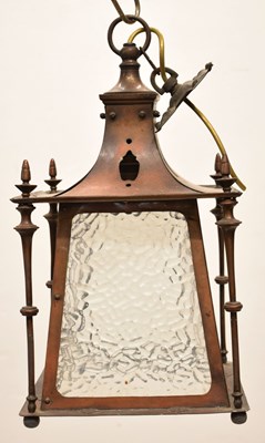 Lot 293 - Edwardian Art Nouveau copper and glass pane hanging lantern