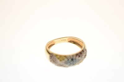 Lot 12 - White, red, yellow and blue diamond 9ct gold boat head ring