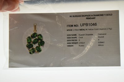 Lot 81 - Russian Diopside and diamond 9ct gold pendant, and similar ear studs