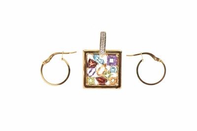 Lot 84 - Square multi stone 9ct gold pendant and pair of small 9ct gold hoop earrings