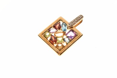 Lot 84 - Square multi stone 9ct gold pendant and pair of small 9ct gold hoop earrings