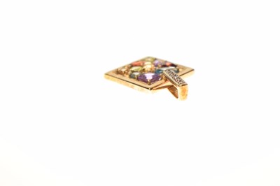 Lot 84 - Square multi stone 9ct gold pendant and pair of small 9ct gold hoop earrings