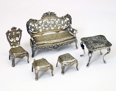 Lot 188 - 19th century Dutch silver miniature four-piece drawing room suite, etc