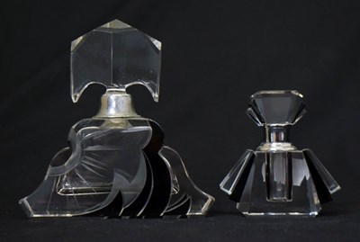 Lot 450 - Two chrome-mounted glass scent bottles with black and white Art Deco decoration