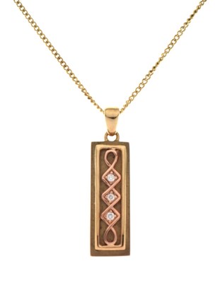 Lot 73 - Clogau rectangular two-colour Welsh gold pendant set three diamonds
