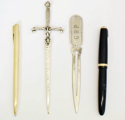 Lot 235 - Vintage Parker fountain pen, a Sheaffer pen, and two white-metal letter openers