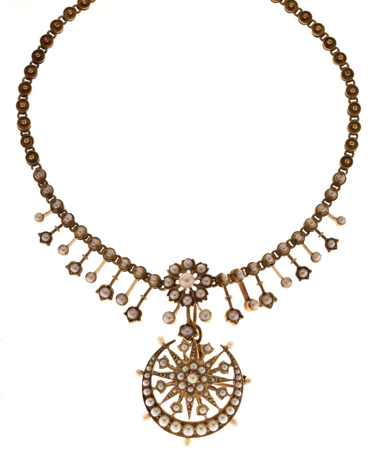 Lot 39 - Late Victorian seed pearl yellow metal pendant necklace