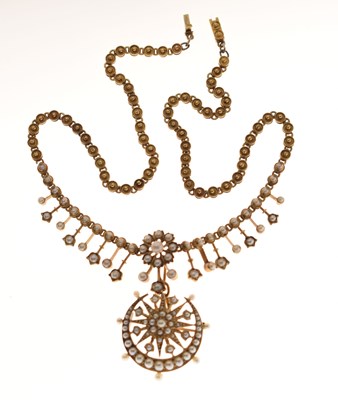 Lot 39 - Late Victorian seed pearl yellow metal pendant necklace