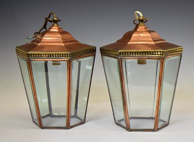 Lot 261 - Pair of Victorian-style copper hexagonal hall lanterns