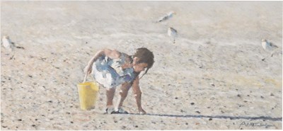 Lot 651 - Robert Antell (British, Contemporary) - Pastel - Child playing on beach
