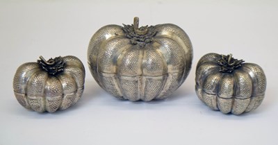 Lot 191 - Three Asian white metal boxes, probably Cambodian for betel nut paste