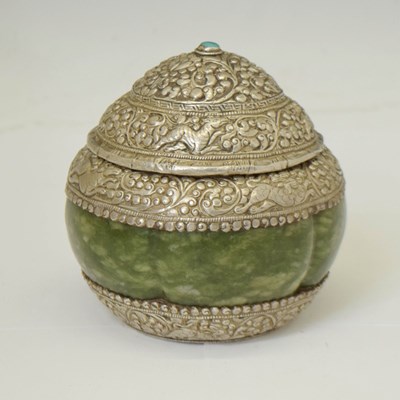 Lot 576 - Unusual Himalayan white metal mounted polished hardstone bowl and cover