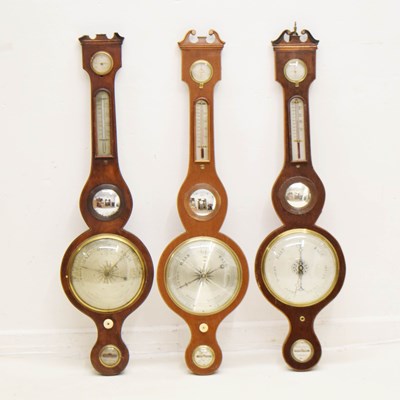 Lot 723 - Three assorted mid 19th century inlaid mahogany wheel barometers