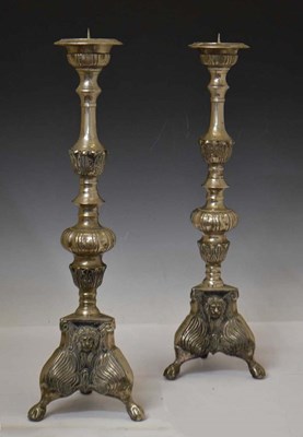 Lot 247 - Pair of silvered brass ecclesiastical altar pricket candlesticks