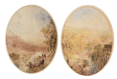 Lot 675 - Richard Pratchett Noble (fl. 1830 - 1861) - Pair of oval watercolours - Landscapes with figures and cattle