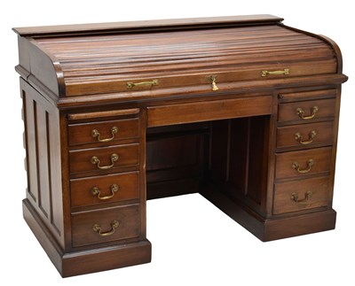 Lot 777 - Early 20th century mahogany oncave tambour front 'Britsam' twin-pedestal desk
