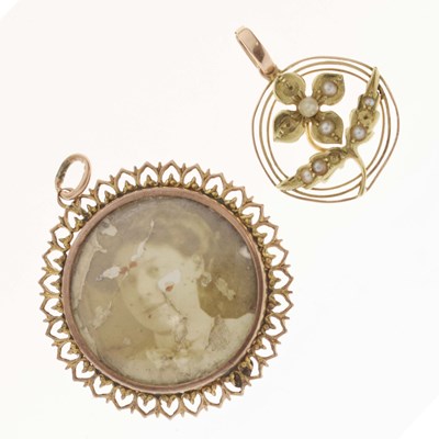Lot 51 - Victorian glazed panel 9ct gold pendant, and an Edwardian floral seed pearl 15ct gold pendant (a/f)