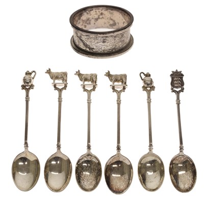 Lot 159 - Six Elizabeth II silver teaspoons with Channel Island finials and a silver napkin ring