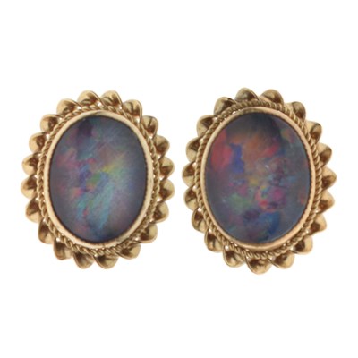 Lot 74 - Pair of black opal triplet 9ct gold stud earrings