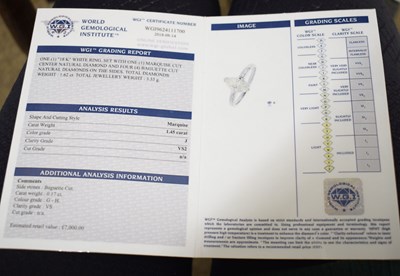 Lot 1 - Marquise diamond white metal solitaire ring with accompanying certificate