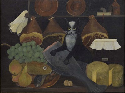 Lot 674 - 20th century English School - Oil on canvas - Naive study of a black and white cat in a pantry