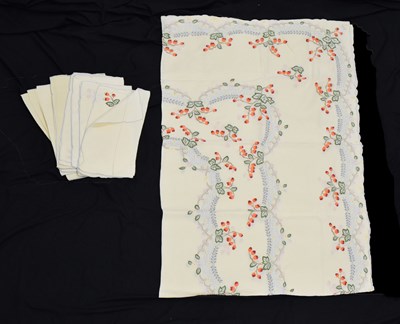 Lot 702 - Cream cotton embroidered tablecloth, etc