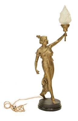 Lot 259 - Large gilt spelter figural lamp depicting a maiden holding a torch