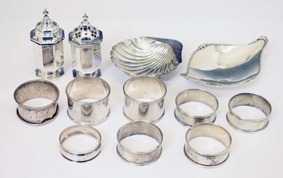 Lot 160 - George V silver two piece cruet set, bonbon dish, butter dish, napkin rings