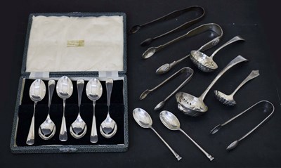 Lot 176 - George VI cased set of six silver teaspoons, George III ladel, etc