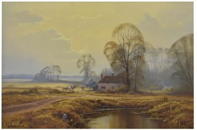 Lot 638 - Christopher Osborne (British, b.1947) - Oil on board - 'Winter Essex Farmscape'