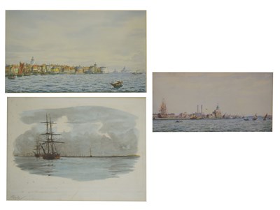 Lot 406 - Two 20th century watercolours of Portsmouth Harbour, and another signed 'Wylie'
