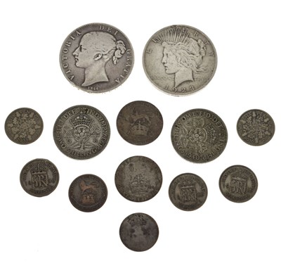 Lot 203 - Quantity of mainly pre 1948 silver coinage to include Victorian Crown 1844, Liberty Dollar 1923, etc