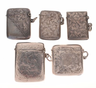 Lot 153 - Five silver vestas cases, each with engraved floral decoration