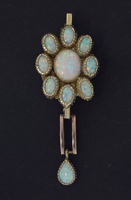 Lot 40 - Opal cluster yellow metal brooch, and an opal pendant