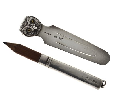 Lot 134 - Sampson & Mordan silver owl bookmark and a silver pencil holder