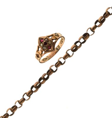 Lot 32 - Victorian red paste and seed pearl 9ct gold ring (a/f), etc